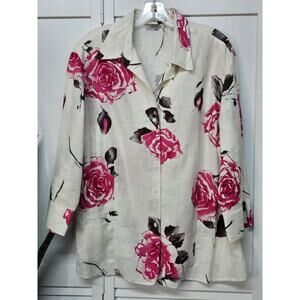 MARCO PECCI 100% LINEN PINK WHITE FLORAL BUTTON FRONT SHIRT BLOUSE SZ 46 UK14